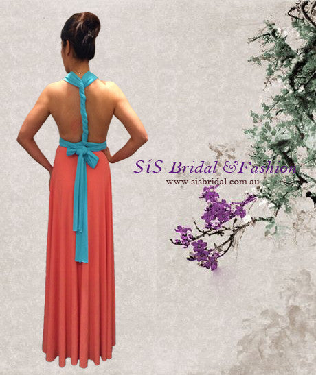 Tiffany Blue & Peach Convertible/Multi-Way Maxi Dress