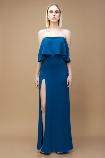 THE SPECTRUM Two Way Off Shoulder and Flounce Scuba Maxi Dress with High Slit (TEAL)